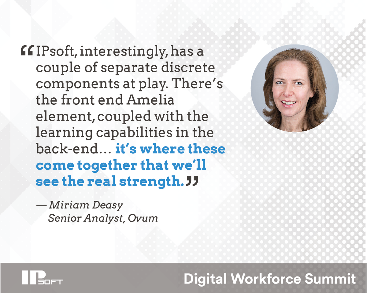 TheAmeliaAI's tweet photo. We are only at the start of an #AI evolution, says @Ovum Principal Analyst Miriam Deasy. Miriam sat down with us for an interview at #IPsoftDWS. https://t.co/g3xJoscG1B https://t.co/r9RE75zL0L