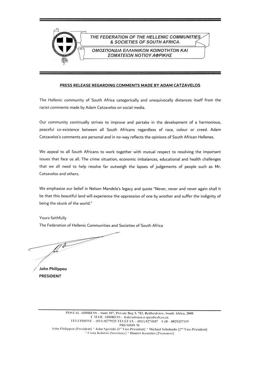 HIPalliance_za's tweet photo. Please see below an official press release made by The Federation of the Hellenic Communities and Societies of South Africa regarding the comments made by #AdamCatzavelos.
@ewnreporter @ewnupdates @947 @JacaNews @5FM https://t.co/vjQ1h87IXx