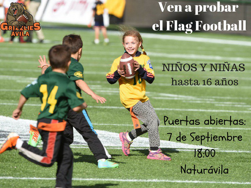 GrizzliesAvila's tweet photo. El próximo día 7 de SEPTIEMBRE, puertas abiertas para menores de 16 años.
🏈🏈🏈

NIÑOS Y NIÑAS 
👬👭👬👭👬👭

¿Quieres jugar con nosotros?
🙋🙋🙋

#FlagFootball en #Avila 
SIN CONTACTO
DEPORTE DE EQUIPO 

Te esperamos
🤗🤗🤗 https://t.co/foa3o9FmVv