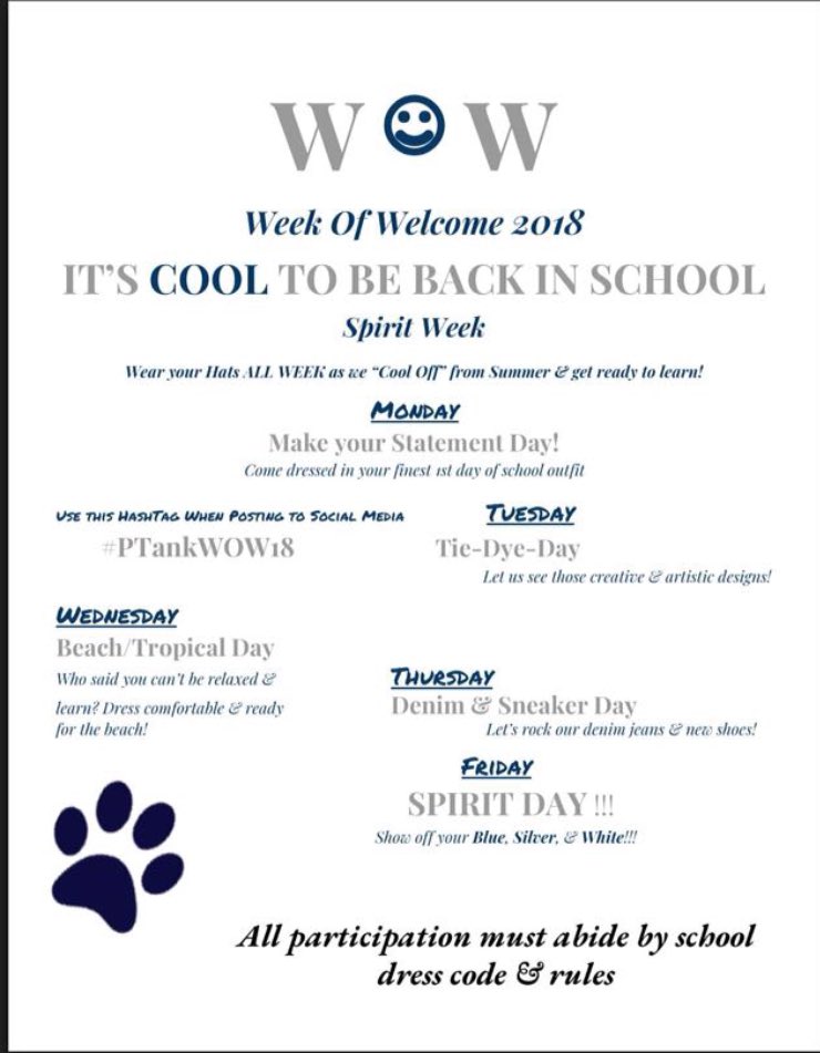 ptanksga's tweet photo. Let’s get ready for back to school with a spirit week kickoff! Here are some fun activities we hope you all participate and help us welcome you all back with some fun!!! https://t.co/IiT4NisWmq