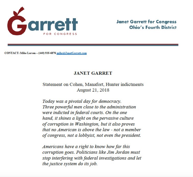 Janet4OH's tweet photo. 3 Washington insiders were indicted in Federal court yesterday and the man who wants to be Speaker of the House says nothing. Jim Jordan spends weeks attacking FBI agents and intelligence officials, yet can't find the words when it comes to his friends Manafort, Cohen and Hunter. https://t.co/7o103hx2sR