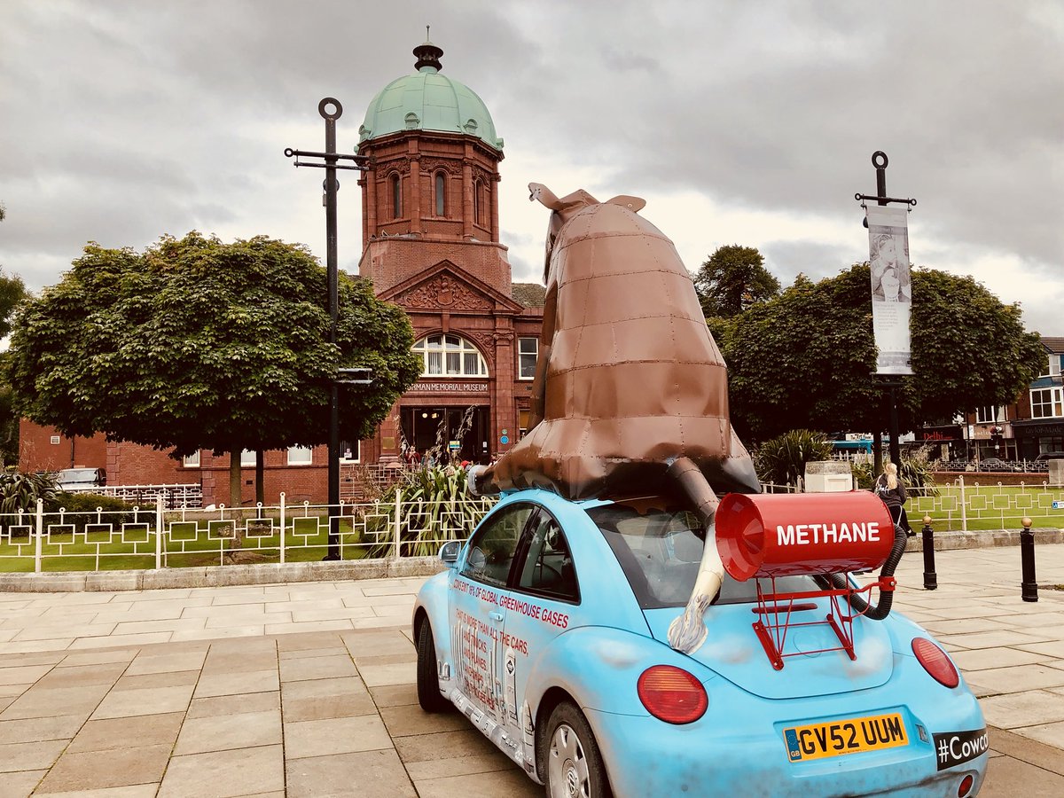 We had an interesting visitor at the #DormanMuseum today. The #Cowcar was here raising awareness that the quantities of methane produced by intensively-farmed cows rival that produced by cars. All part of Viewpoints by @ThriftFest