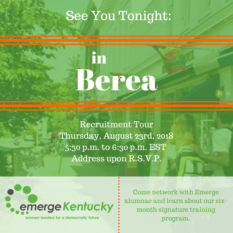 EmergeKentucky's tweet photo. Are you ready to learn about Kentucky's premier candidate training program for Democratic women? We know we're ready to meet you! See you tonight in Berea. #EmergeNow #BluegrassWave https://t.co/6RGUs9k5cH