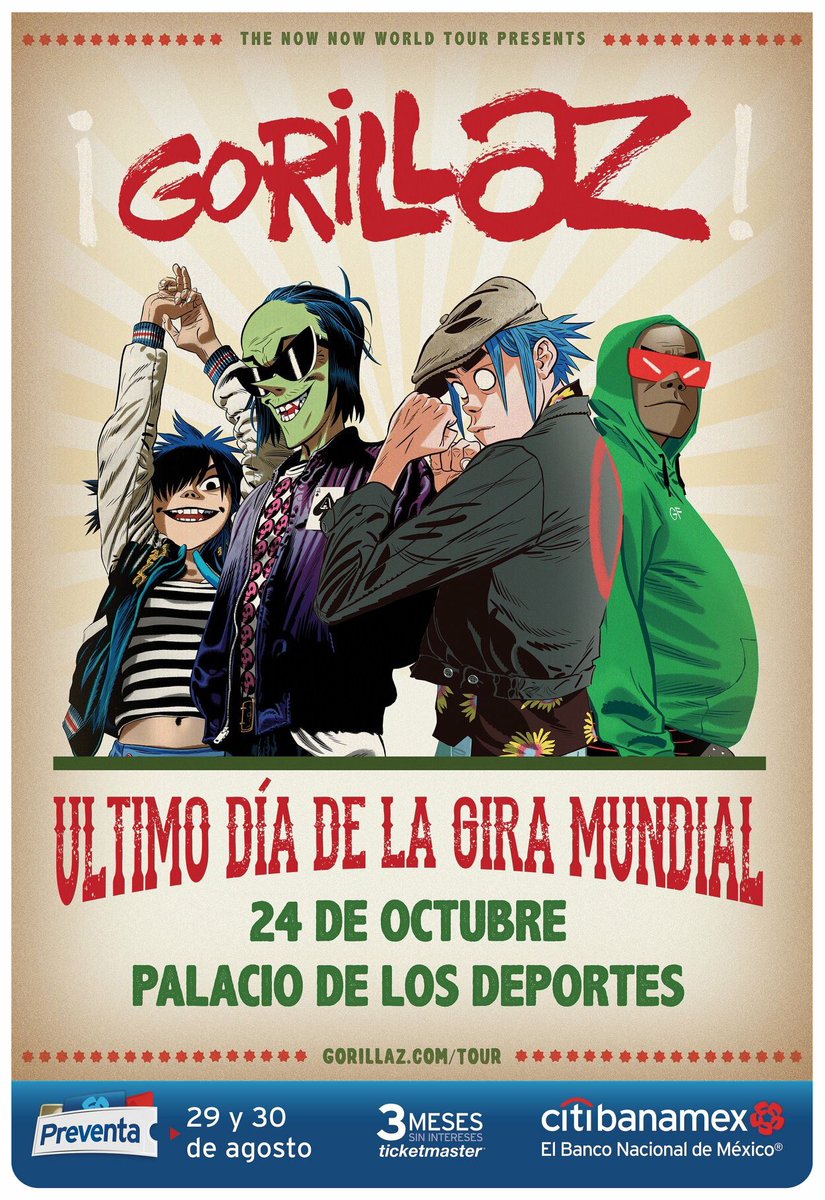RawrrProduccion's tweet photo. 🚨ES OFICIAL🚨

El 24 de octubre @gorillaz vuelve a CDMX para presentarse en @ElPalacioMx 😱😱😱 los precios van de $699 a $1,164

PREVENTA @Citibanamex: 29 y 30 de agosto.
VENTA GENERAL: 31 de agosto

#TheNowNowWorldTour
#AgendaRawrr https://t.co/iwT5VnwKvl