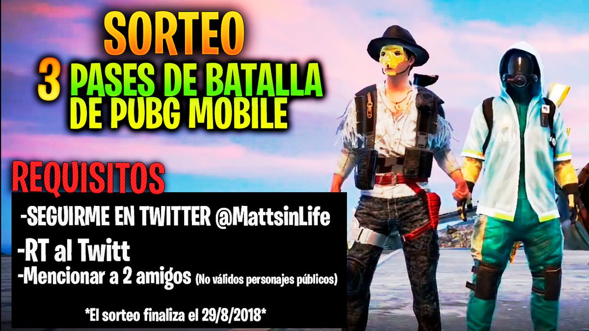 ⚠SORTEO 3 PASES DE BATALLA DE LA TEMPORADA 3 DE PUBG MOBILE

 🔽REQUISITOS

➡Seguirme en TWITTER
➡RT a este Twit
➡Menciona a 2 amigos con los que juegas a pubg mobile
(si juegas solo me vale con mencionar a  2 amigos o no tan amigos que tengas en tu lista de Instagram 🤣