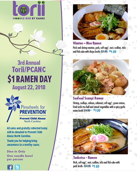 ToriiNoodleBar's tweet photo. It's $1 Ramen Day! Please be generous with your tips, because we're donating every penny raised to Prevent Child Abuse NC. Dine in only. From 11:30 AM - 9:30 PM. Join us to help Prevent Child Abuse. And enjoy delicious ramen.

#toriinoodlebar #preventchildabuse #dollarramen https://t.co/QkkgKvChO4
