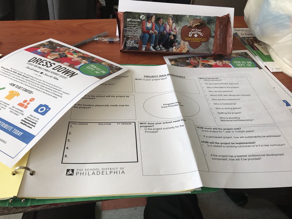 Spending time with <a href="/fundPHLschools/">The Fund for the SDP</a> working on our project idea worksheet for the 2018 - 2019 SY. Thanks to the <a href="/girlscouts/">Girl Scouts</a> for the #Smores. #PartnershipsMatter #WestPhiladelphia #Gompers
