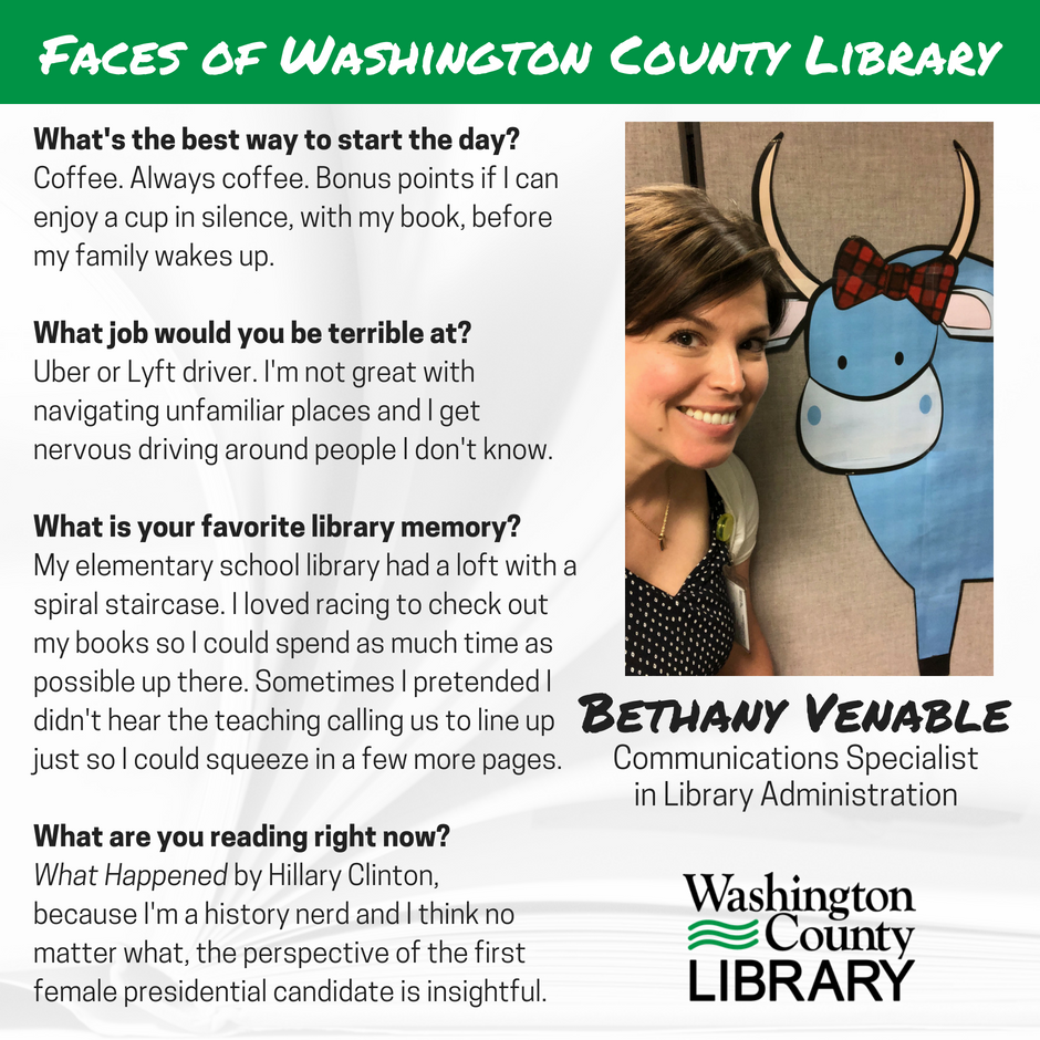 WashCoLib's tweet photo. Bethany is the communications specialist here at the library. She's not ashamed to admit she's a history nerd who enjoys planning big bookish projects like reading a book about every single U.S. president. Have any recommendations for her? #WashCoLib https://t.co/R9GFZKpLt8