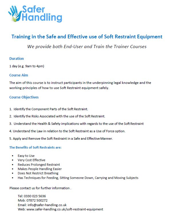 UKVAServices's tweet photo. @Saferhandling are running an L3 Soft Restraint equipment open course 8 Sept 18 in #Preston. Get qualified to use a softer more humane alternative to other intrusive methods of control and restraint #health #care #preventselfharm https://t.co/PNrMOPabJS