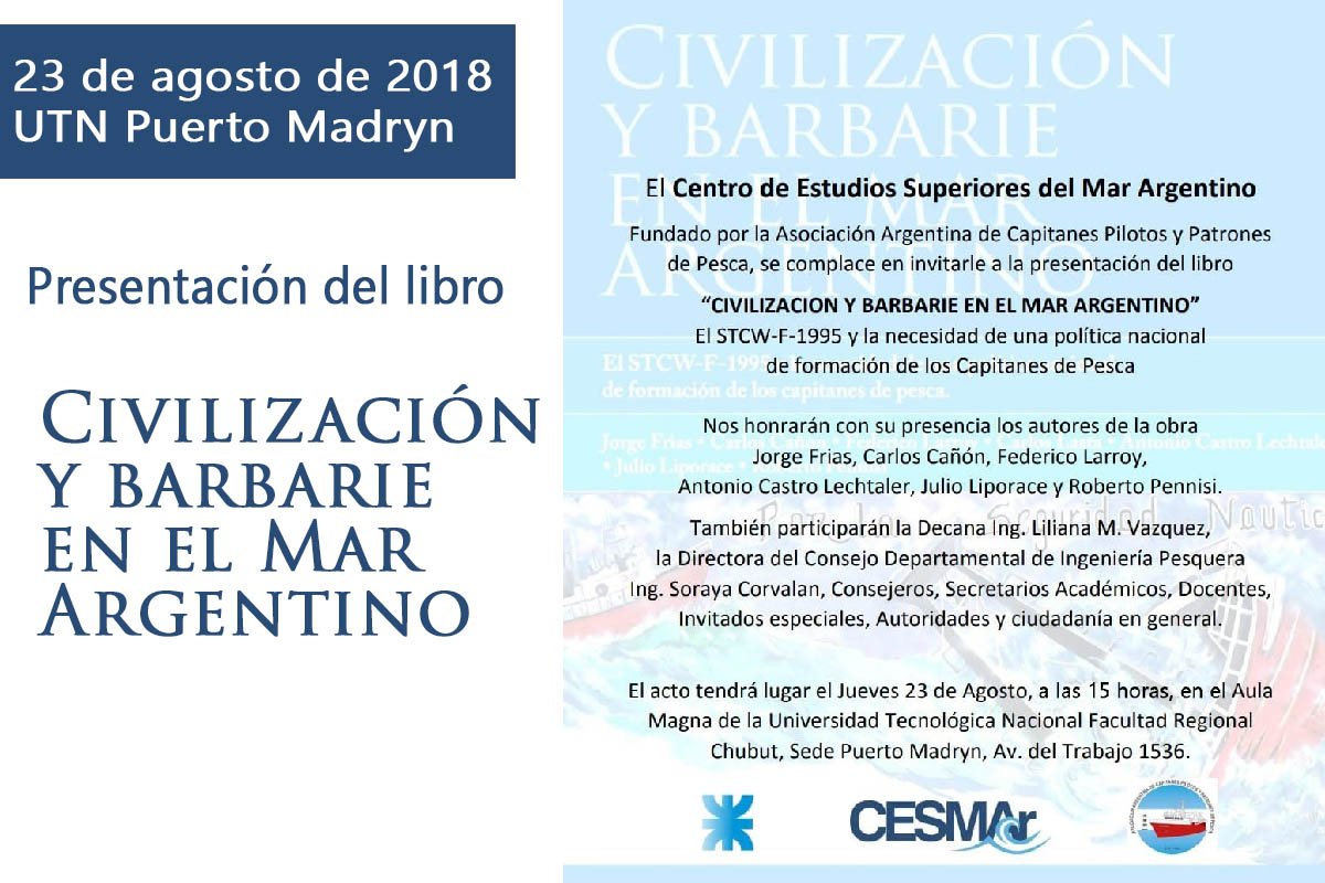 AACPyPP's tweet photo. Buenas expectativas para la presentación del libro "Civilización y barbarie en el Mar Argentino" en la UTN Madryn. Las confirmaciones hacen la convocatoria muy alentadora, aún se aguarda la respuesta de la Secretaría de Pesca provincial.
https://t.co/bxPAxsx2WU https://t.co/1Bs83WNWDz