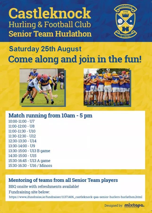 Details for Senior Hurlers Hurlathon this Saturday. Come along and support the day &amp; our juvenile teams!

Online fundraising page at: ifundraise.ie/fundraiser/113… pic.x.com/xJ8miOxj76