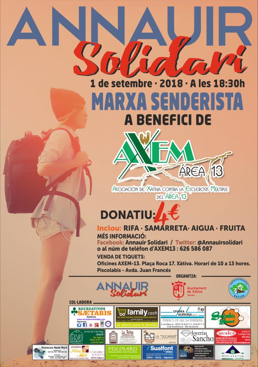 annauirsolidari's tweet photo. Divendres 24 d'agost de 18 a 20 hores en Annauir podràs adquirir el ticket i la samarreta per tan sols 4€ per a la III Marxa Senderista @annauirsolidari a benefici de l'associació contra l'esclerosi múltiple. https://t.co/46v6pL6lzo