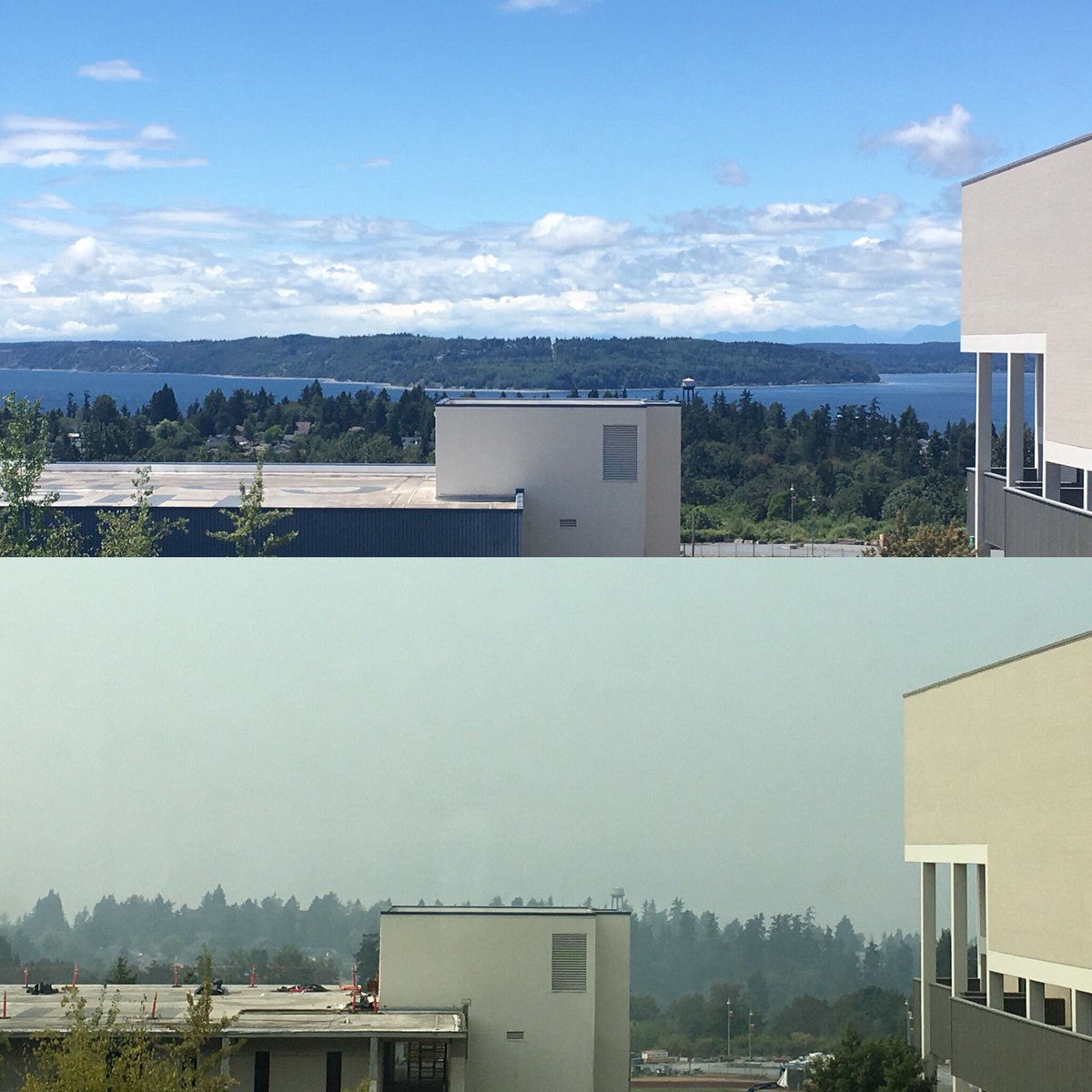 HighlineTBirds's tweet photo. Pre-smoke views from Highline College’s Mt. Jupiter room compared to today’s views. 😕 How are you handling this smoke, T-Birds? #highlinecollege #wildfiresmoke #WashingtonFires https://t.co/Q3c92QQgJm