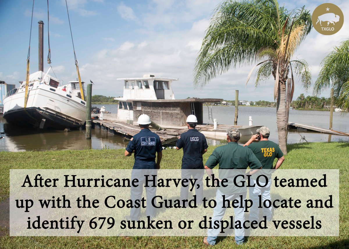 TXGLO's tweet photo. After #HurricaneHarvey devastated the #TexasCoast, @txglo joined forces with @USCG to locate and identify 679 sunken or displaced vessels. @txglo &amp; @USCG removed 165 vessels while owners recovered 514. 

#AYearOfRecovery #HarveyAnniversary #TexasRebuilds https://t.co/V0UQQSX3ES