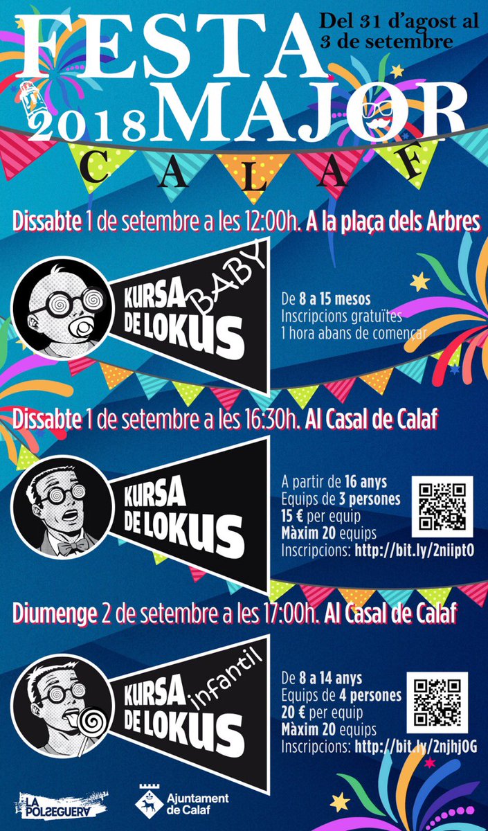AjuntamentCalaf's tweet photo. ⭕️A partir de les 19h ja us podeu inscriure a la #kursadelokus de la #FestaMajor de #Calaf! 

🌐Els links per fer les inscripcions són
✅Kursa de lokus: https://t.co/dmKPx8WprG
✅Kursa de lokus infantil: https://t.co/d8eXAJX0H1
🔴Tanquen inscripcions a 20 equips🔴 #FMCalaf2018 https://t.co/H7kgAMiLVj
