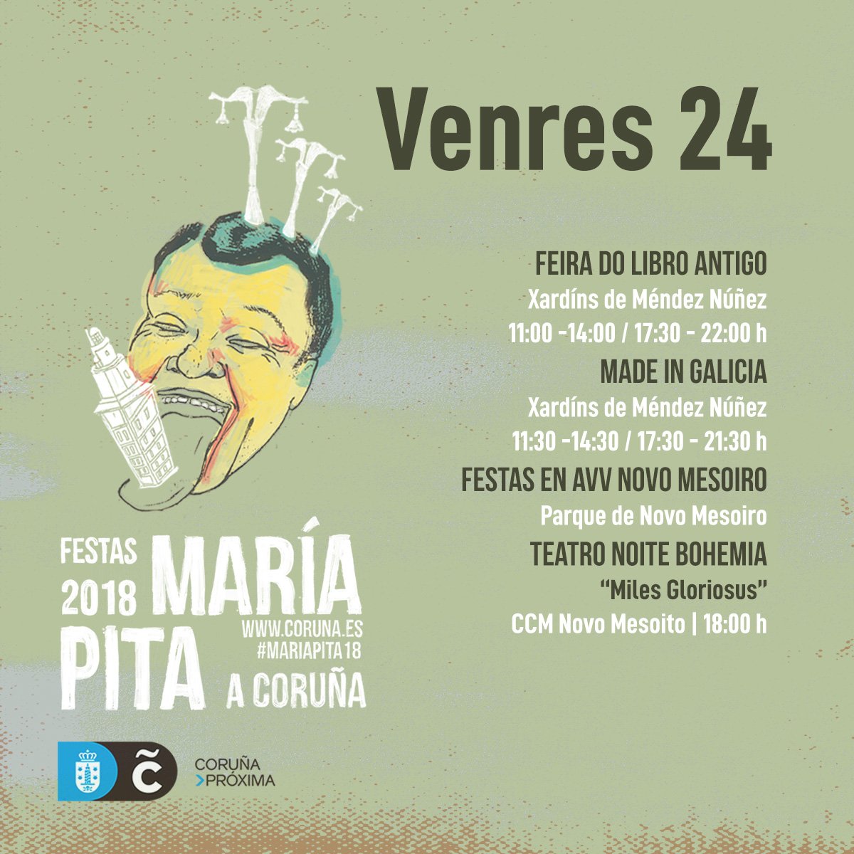 As opcións para as seguir coas festas de #MaríaPita18 atópanse hoxe nos xardíns de Méndez Núñez e en Novo Mesoiro, que comeza as súas celebracións. A programación previa da Romaría de Santa Margarida chega á praza de Pontevedra, cunha carpa centrada na vestimenta tradicional.