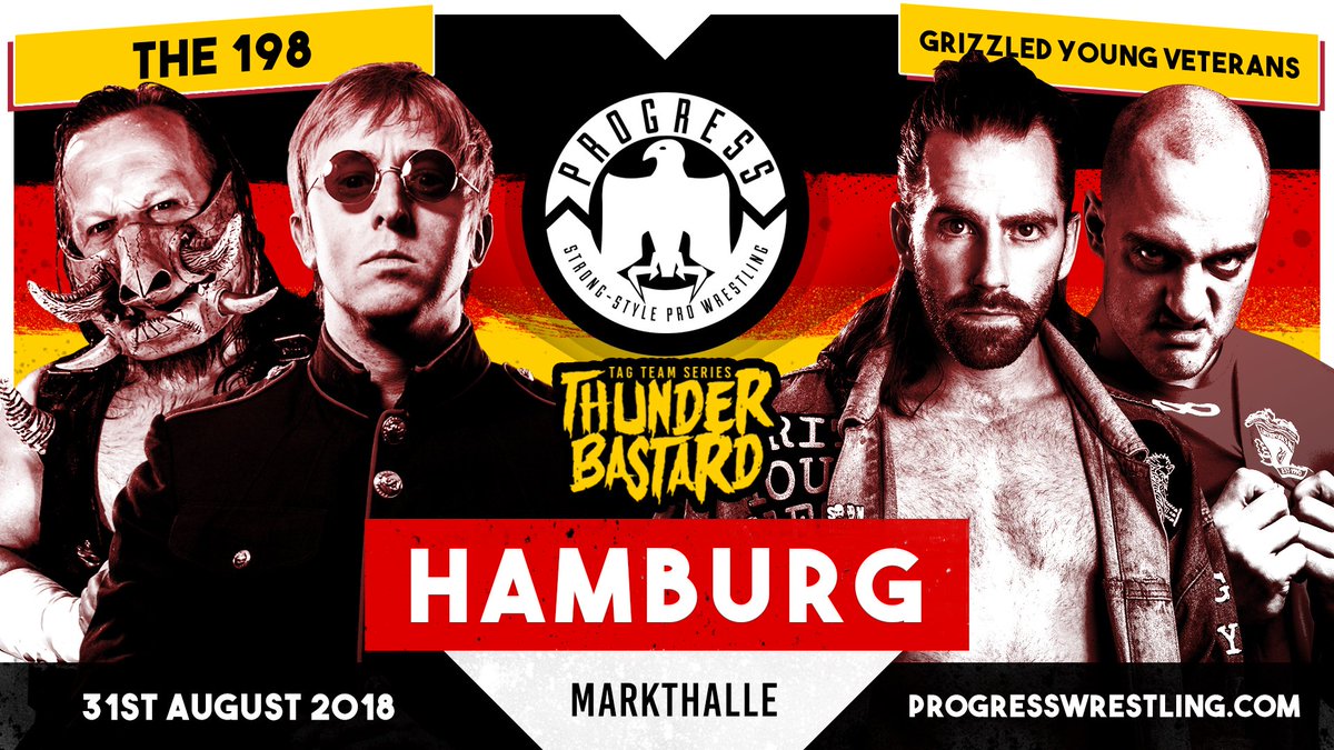 ThisIs_Progress's tweet photo. HAMBURG: #The198 @WILDBOARhitch @Flash_Morgan will look to make it 5-0 in the #Thunderbastard #TagTeamSeries when they face dethroned former champions #GYV @ZackGibson01 @JamesDrake_GYT at @MarkthalleHH! Tickets: https://t.co/tJAbOzvXcB #ThisIsPROGRESS #PROGRESSHamburg https://t.co/YlLp3kZwYq