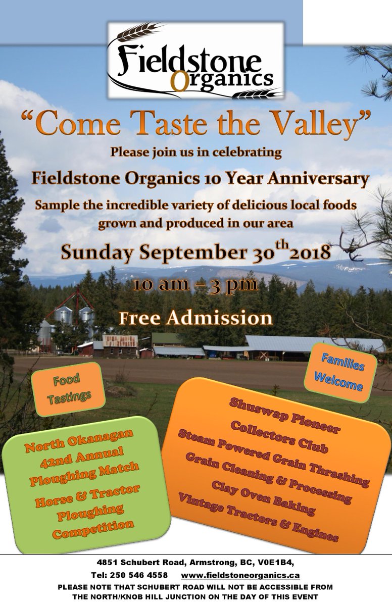 Find us at "Come Taste The Valley"! 
Sunday Sept 30 from 10am-3pm at 4851 Schubert Road, Armstrong