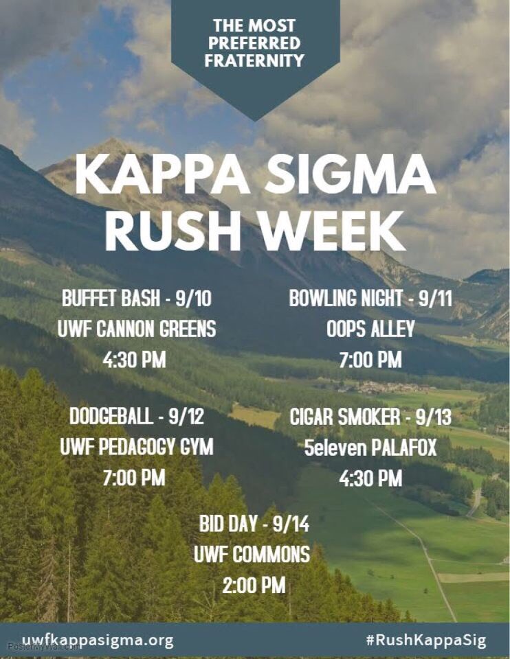 Rush the best fraternity on campus this fall. For more information on recruitment, contact our Rush Chairman Casey Gibson at chg4@students.uwf.edu or at 850-341-3333. The choice is simple. #RushKappaSigma #UWF22