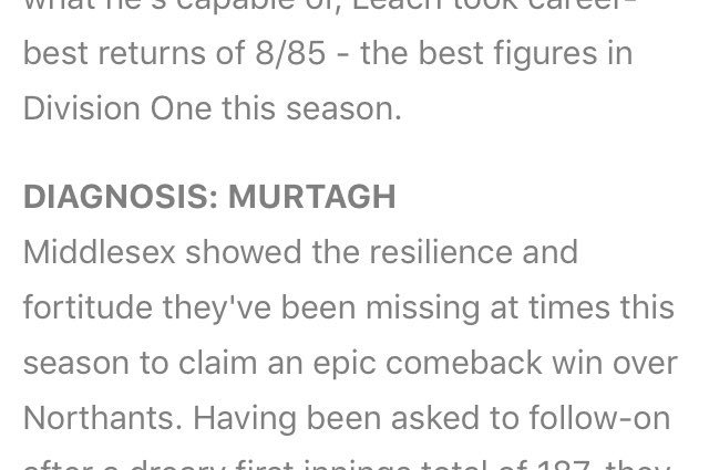 Mikey_PCS's tweet photo. Got to give it to the person writing the @ECB_cricket @CountyChamp round up for his their commitment to puns. Diagnosis:Murtagh a particular fave. https://t.co/ScbKpy8NeN