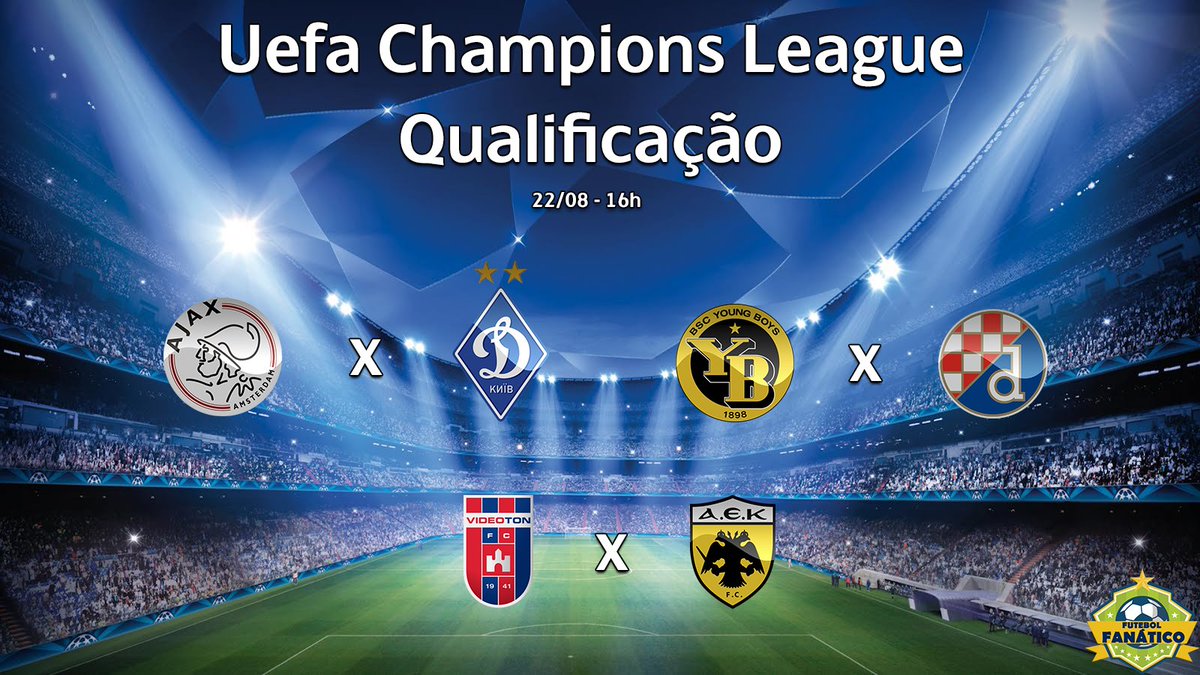 FutebFanatico's tweet photo. 🏆Uefa Champions League🇪🇺 - Qualificação - 16h

• 🇳🇱Ajax x Dínamo de Kiev🇺🇦
📺Facebook (@Esp_Interativo)

• 🇨🇭Young Boys x Dínamo Zagreb🇭🇷
📺@TNTbr

• 🇭🇺Videoton FC x AEK Atenas🇬🇷
📺@spacebrasil https://t.co/TM3KK8rhxc