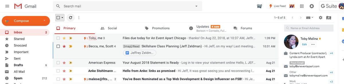 A screenshot of the ugly new Gmail layout, which is harder and more unpleasant to use.