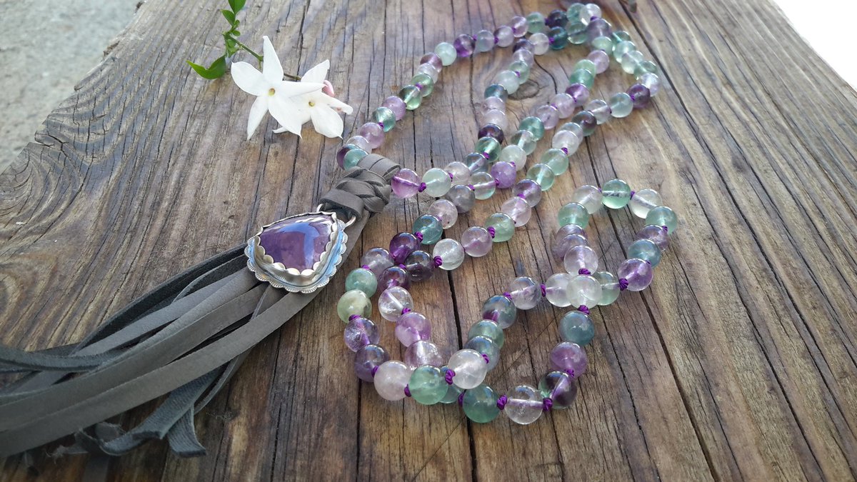 Fluorite Mala 💜 dangbravegirl.etsy.com #handmade #Mala #love #chakras #Fluorite #HIPPIE #bohemianinspired #artisan #flowerchild #silversmith #metalsmith #riojeweler #maker #malabeads #prayerbeads #yogabeads #cowgirl #countrygirl #westernwear #southwestjewelry #freespirit #love