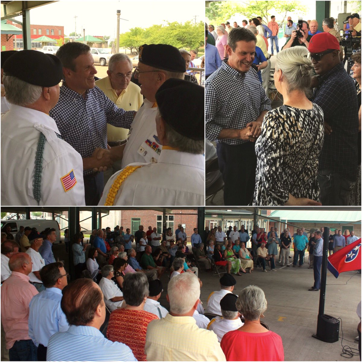 BillLeeTN's tweet photo. Second stop of the day is in the books! Great to be at the West Tennessee Farmer’s market in Jackson, and thank you to the Vietnam Veterans Color Guard for presenting the colors. I am deeply grateful for our veterans and their service. #BelieveinTN https://t.co/VQ1bKfnYUE