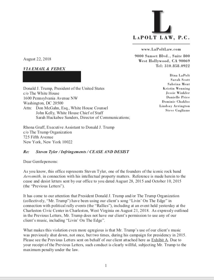 Jim Acosta On Twitter Here Is The Cease And Desist Letter To Trump From Steven Tyler S Lawyers Demanding That The Trump Campaign Refrain From Playing Aerosmith Music At Rallies Aerosmith Has Made