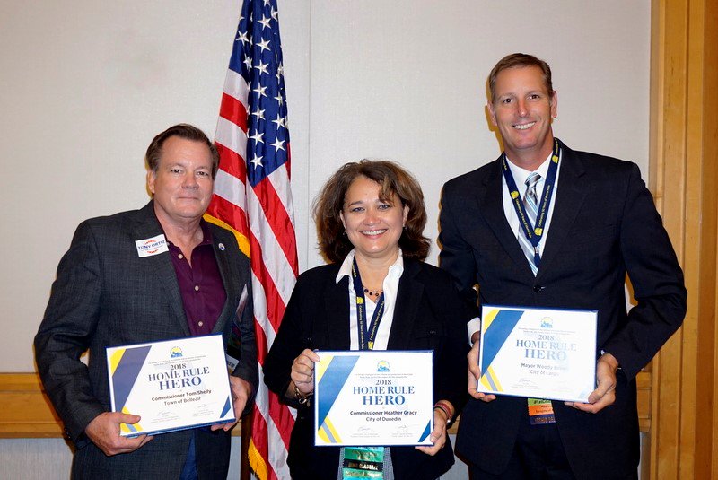 SuncoastLeague's tweet photo. SLC received the highest number of #HomeRuleHero Awards, which were presented at the @FLCities 92nd Annual Conference. Congratulations to Town of Belleair Commissioner Tom Shelly, City of Dunedin Commissioner Heather Gracy, and City of Largo Mayor Woody Brown. #FLCities2018 https://t.co/2skrXCww5Q