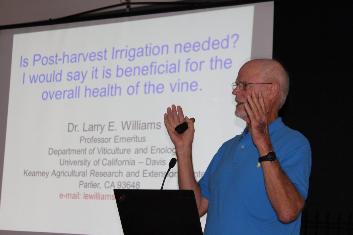 Larry Williams, retired irrigation expert at <a href="/ucdavis/">UC Davis</a> reminds growers at <a href="/Sun_Maid/">Sun-Maid</a> Seminar to apply their postharvest irrigation to ensure a successful 2019 crop.

<a href="/ucanr/">Ag&Natural Resources</a> <a href="/ASEVtweets/">ASEV</a> <a href="/fcfb_ag/">Fresno Farm Bureau</a> <a href="/NetafimUSA/">Netafim USA</a> @UCDVEN <a href="/SJVGrapes/">Viticulturist °d</a> <a href="/GrapesfromCA/">Grapes from California</a> <a href="/grapetweets/">Matthew Fidelibus</a> <a href="/ZhuangGeorge/">George Zhuang</a> <a href="/DRI_Products/">Deep Root Irrigation</a>