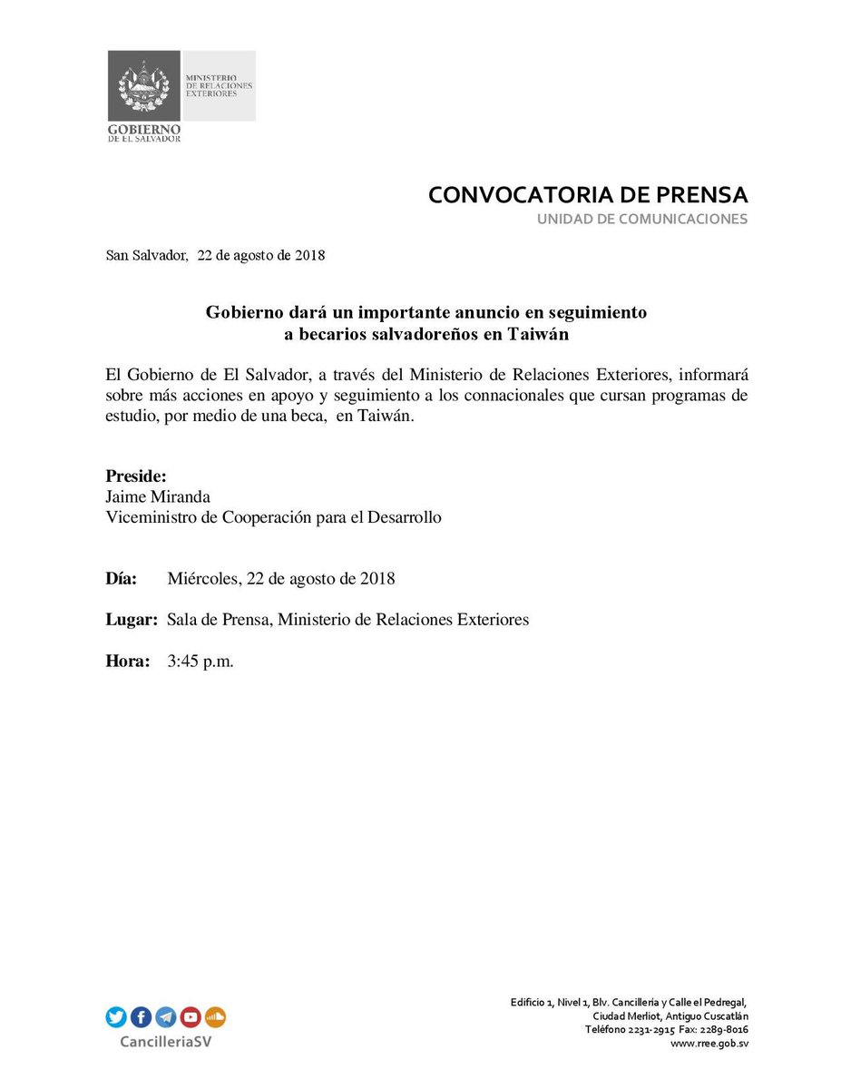 #ConvocatoriaPrensa | #GobSV dará un importante anuncio en seguimiento a becarios salvadoreños en Taiwán. bit.ly/RREESV082218_2
