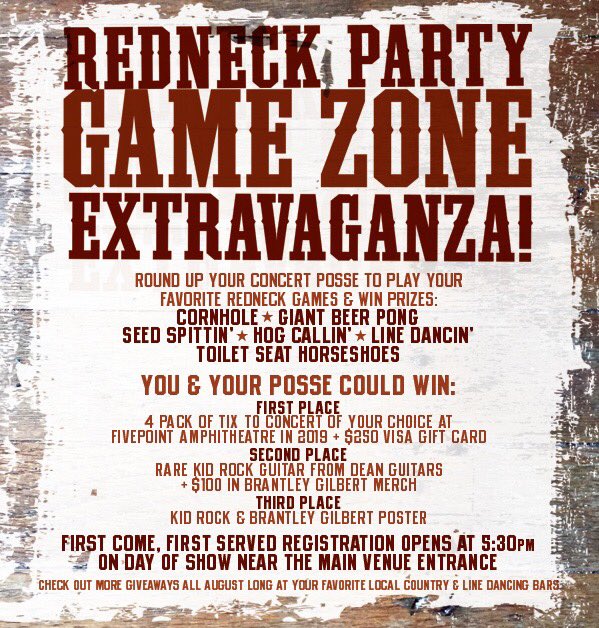SaveLiveMusicIrvine on X: "Tonight is the night! Get to the Kid Rock + Brantley Gilbert show early to participate in the Redneck Party Games at 5:30pm! Registration is on a first come,