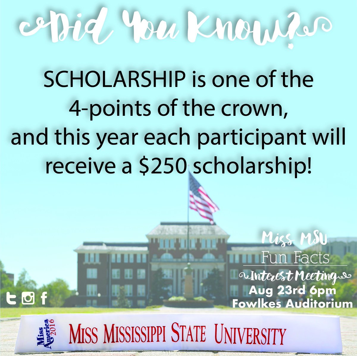 The <a href="/MissAmerica/">Miss America</a> organization is one of the largest contributors of scholarships for women in the nation. <a href="/msstate/">Mississippi State</a> strives to meet that expectation by providing over $15,000 in scholarship per year. Come learn more Thursday, Aug 23rd at 6pm in Fowlkes Aud. #WhoWillSheBe