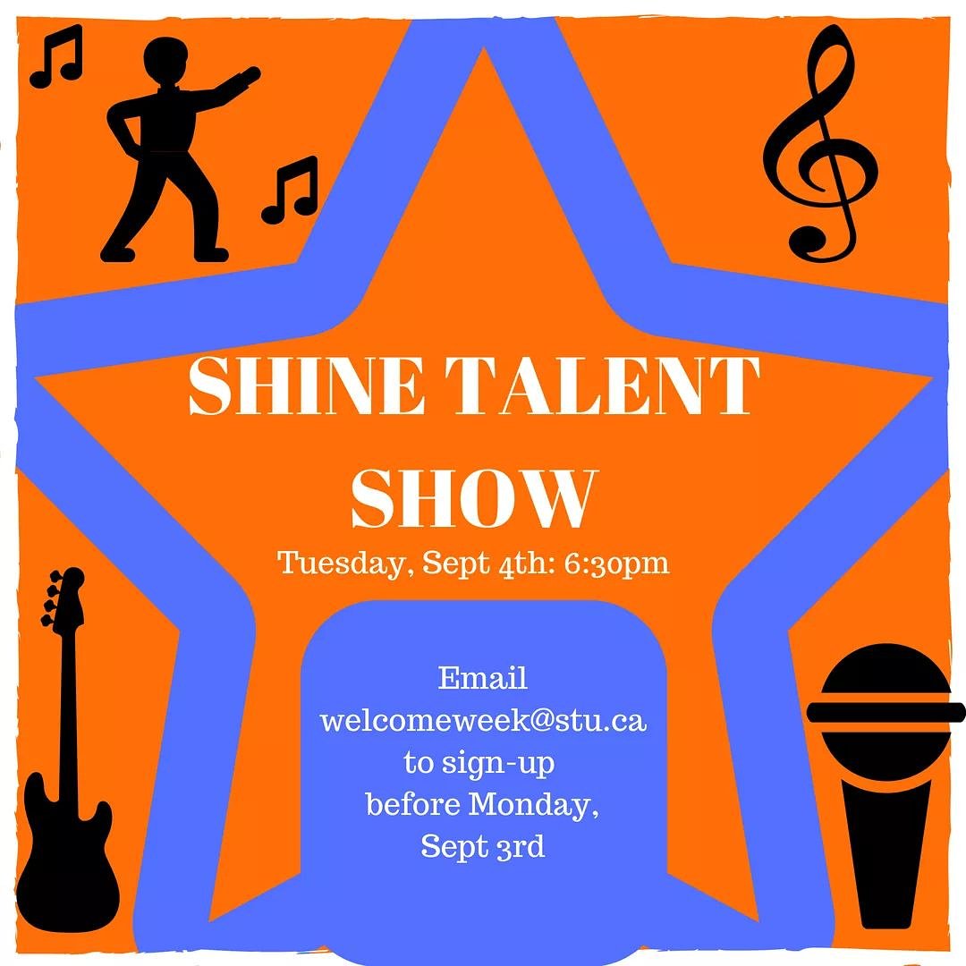 STUwelcomeweek's tweet photo. ⭐ IT IS YOUR TIME TO SHINE!! ⭐ 

Want to share your talent with your peers? Email us at welcomeweek@stu.ca before Monday, September 3rd to participate in our Welcome Week Shine Talent Show! We cannot wait to see what you have to bring to the table! 🧡💙 https://t.co/dZis9231GQ