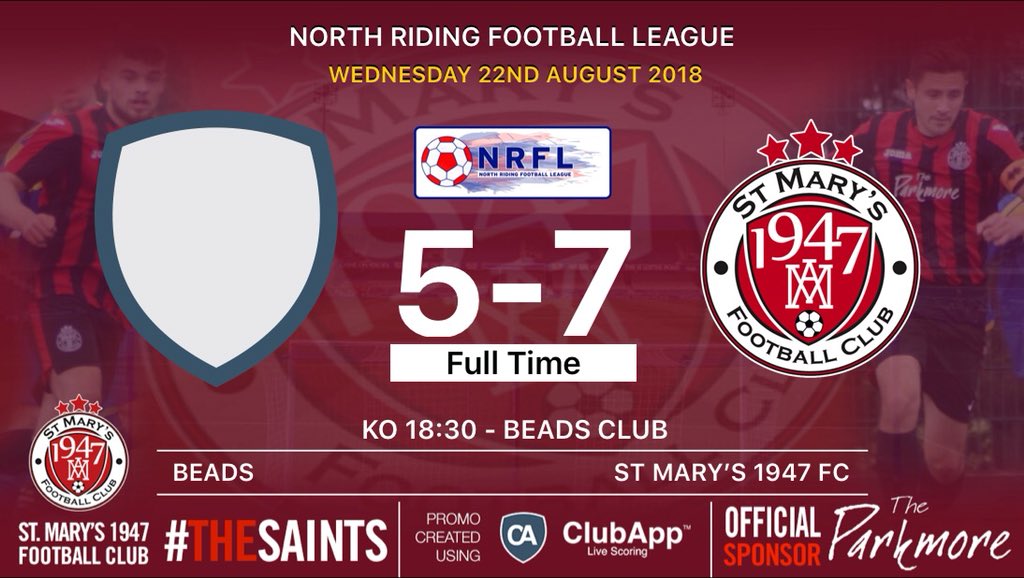 #TheSaints claim their first 3 points of the season with a 7-5 victory away to <a href="/beadsfcofficial/">BEADSFCOFFICIAL</a> 

<a href="/JaminCotts/">Ben Cotts</a> ⚽️⚽️⚽️
<a href="/PaulVaughan91/">Paul Vaughan</a> ⚽️⚽️
<a href="/Ryan_Mackey10/">Ryan Mackey</a> ⚽️
<a href="/Ryantodd1995/">Ryan Lee Todd</a> ⚽️

<a href="/NRFLOfficial/">North Riding League</a>