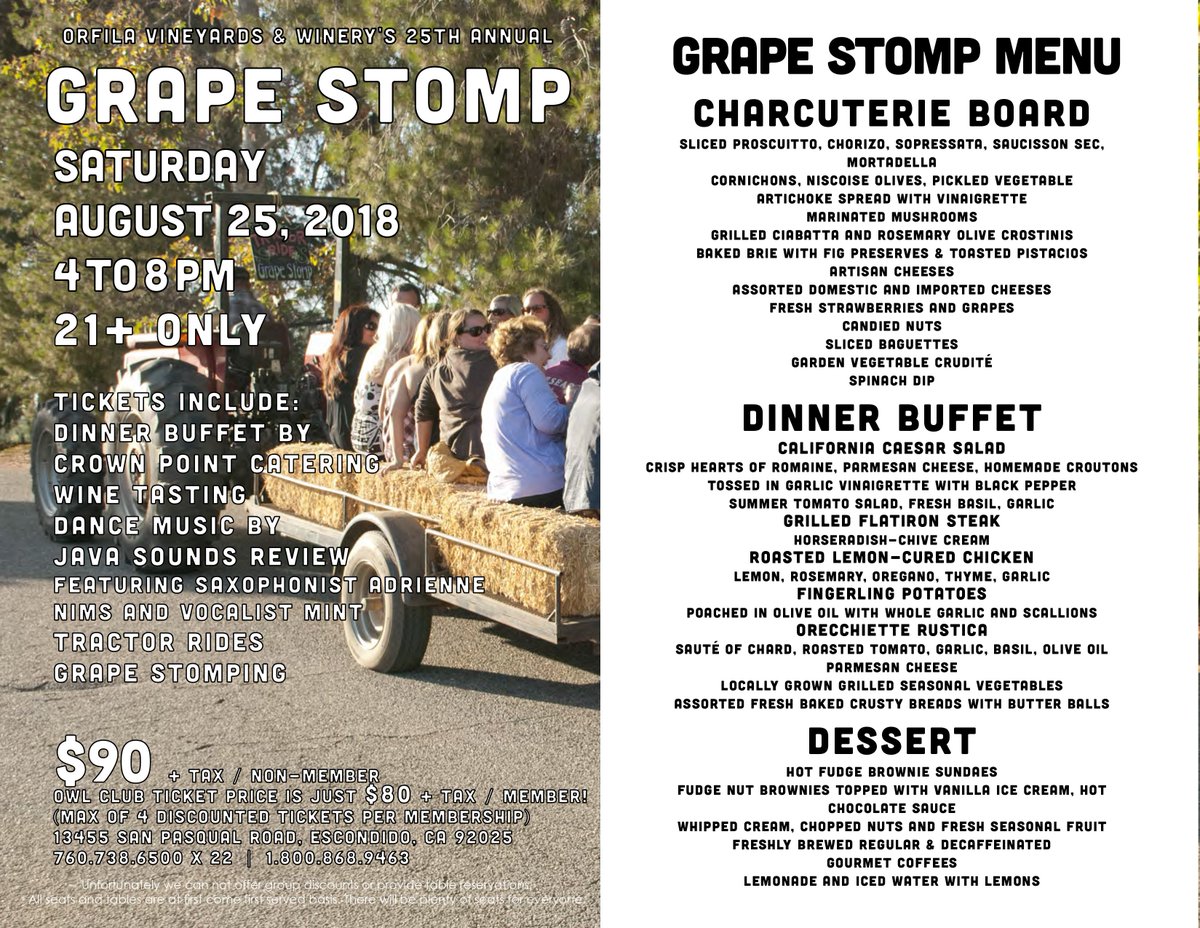 Orfila Vineyards &amp; Winery is proud to announce our 25th Annual Grape Stomp! Tickets are still available for this Saturday August, 25 2018. We hope to see you there! The countdown begins: T-minus 3 days! #orfilavineyardsGrapeStomp2018
#escondido #winery #tastingroom #grapestomp