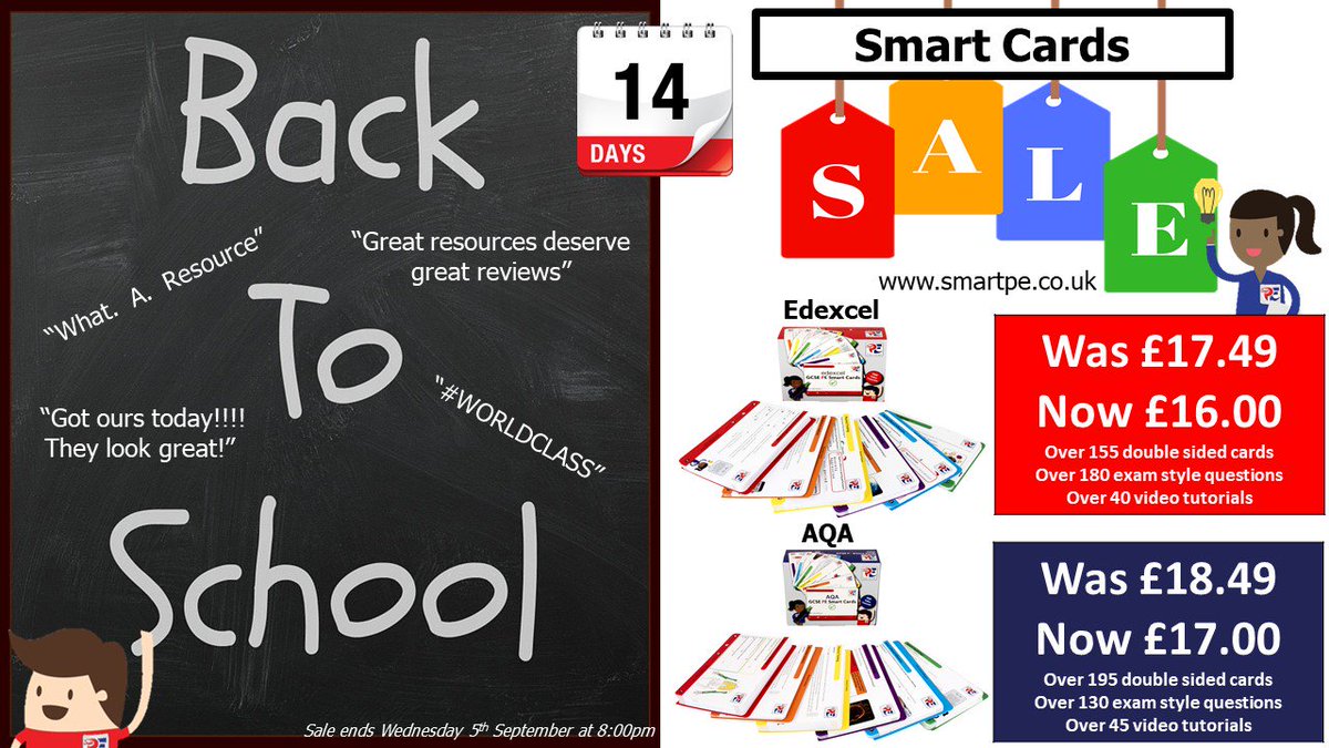 COMPETITION TIME - Simply 'RT' and 'Like' to be entered into a FREE prize draw to win a pack of GCSE PE Smart Cards (AQA or Edexcel).  SALE NOW ON for 2 weeks ONLY!  Order your pack of Smart Cards today smartpe.co.uk. Winner announced Wed 5th September, 2019 at 8:30pm.