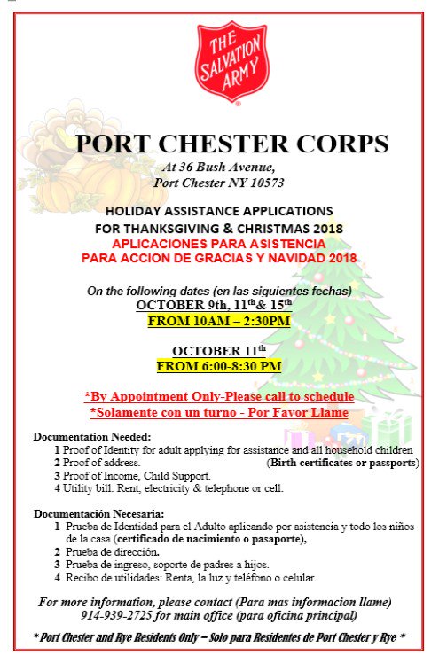 SALVATION ARMY OF PORT CHESTER

HOLIDAY ASSISTANCE APPLICATIONS FOR THANKSGIVING &amp; CHRISTMAS 2018
APLICACIONES PARA ASISTENCIA PARA ACCION DE GRACIAS Y NAVIDAD 2018