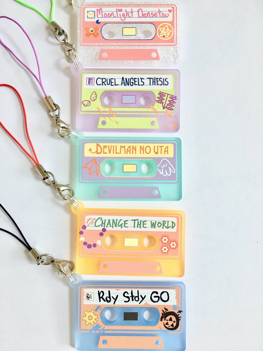 My new anime theme song Cassette tape charms are here!!! I’m SO HAPPY WITH THEM!! 
I’ll have these for sale at San Japan next weekend and on my shop in September! ✨🎵🎶🎧✨
