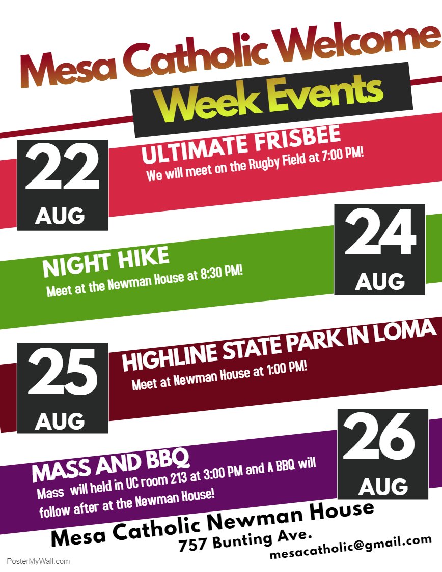 mesacatholic's tweet photo. Here is a list of our Welcome Week Events! Feel free to come to as many or as few events as you would like! https://t.co/eyP2sKwX5p