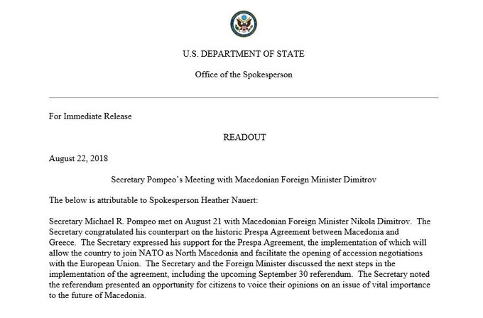 Secretary Pompeo’s Meeting with Macedonian Foreign Minister Dimitrov