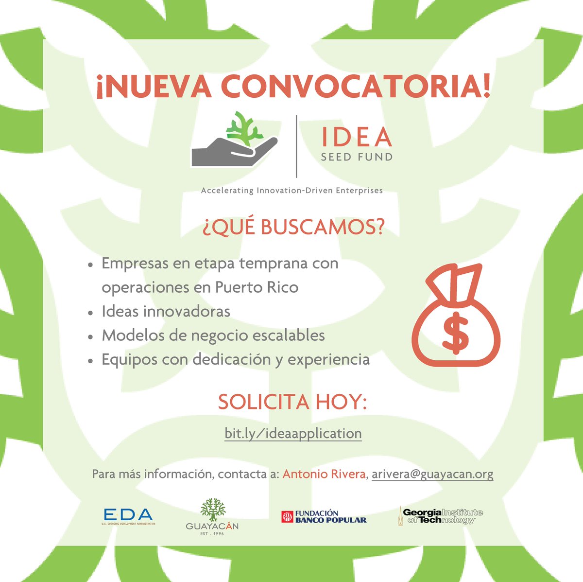 GrupoGuayacan's tweet photo. ¿Formas parte de una empresa en etapa temprana, cuentas con un prototipo funcional o primeras ventas, y buscas inversión? Solicita al #IDEASeedFund aquí: https://t.co/DdCkdpJ5Wz ¡Juntos seguimos #movingPRforward! https://t.co/ssJfO8pj12