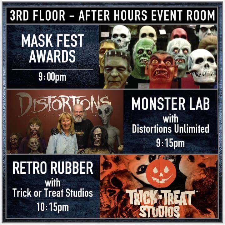 Saturday night's MASK-FEST AFTER HOURS events! 9pm: Official Mask-Fest 2018 Awards. Next, Q&amp;A session with Ed Edmunds of Distortions, "Monster Lab" video clips &amp; more. 10:15pm, Chris Zephro and Justin Mabry of Trick Or Treat Studios talk shop and discuss the new Halloween movie.