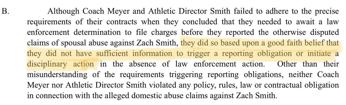 Courtney Smith told Urban Meyer’s wife she’s being abused.
Courtney Smith texted Meyer’s wife photos of the abuse.
But the investigation decides Meyer had a “good faith belief” there wasn’t “sufficient information” to report it or to discipline Zach Smith?

This is embarrassing.