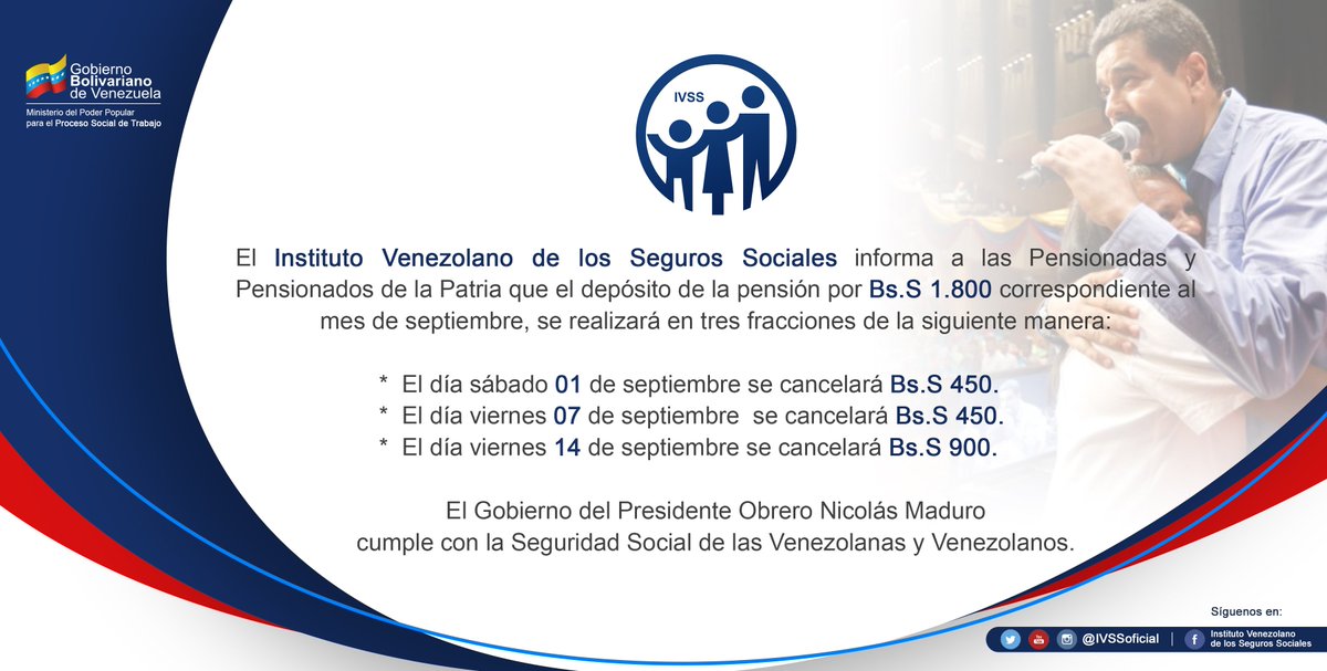 🔵Se informa que el depósito de pensiones correspondiente al mes de septiembre, se realizará en 3 etapas:
El día sábado #01Sep se cancelará  la 1ra. Semana. 
El día viernes #07Sep se cancelará la 2da. Semana. 
El día viernes #14Sep se cancelarán los 15 días restantes al mes.