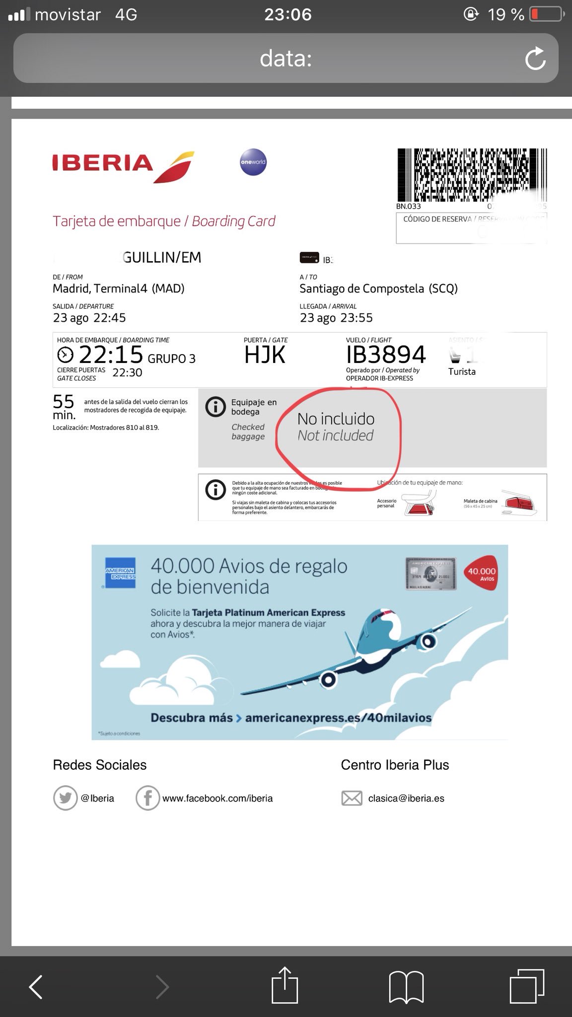 Nominal trampa agitación Emilio Guillín on Twitter: "@Iberia ¡Mi equipaje adicional facturado y  pagado no consta en mi tarjeta de embarque! Iberia Plus: 34771857. Vuelo  PMI-SCQ (vía Madrid). Fecha: mañana, jueves 23 de agosto. Pasajeros: