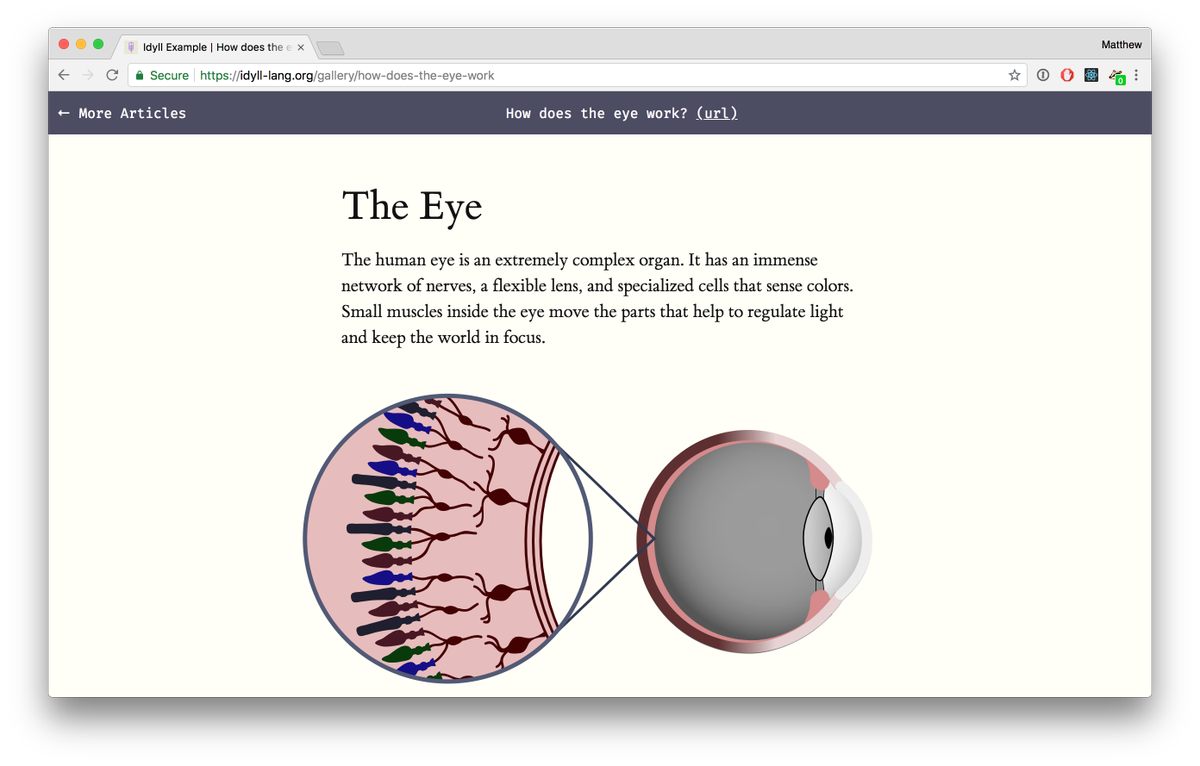 idyll_lang's tweet photo. Just added to the example gallery:

- The Eye, an #explorable explanation about the human eye.
- The DIY Data of Fugazi, a data-driven article about the punk band.

Message us if you'd like anything you've made to be included!

https://t.co/5cZ0eGlZ6C https://t.co/M68glOPDWL