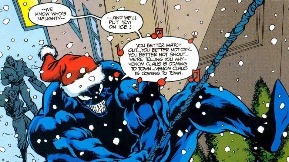 _frikinow's tweet photo. #venom En uno de sus momentos más heróicos, Venom salvó la navidad vistiéndose de Santa Claus y dando una paliza a un grupo de matones. Por supuesto, tuvo que esforzarse mucho para no matarlos, pero al menos no podemos decir que Venom no sienta el espíritu navideño. https://t.co/J5TYYSDYrh
