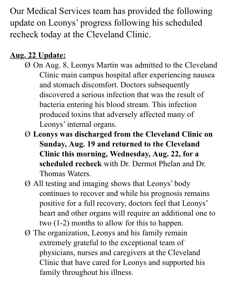 clevelanddotcom's tweet photo. The Indians just provided this medical update on OF Leonys Martin, who the Indians’ doctors advised to not return to baseball activities this season. #Indians #LM13 https://t.co/A31wGm1apd
